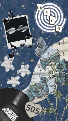 a collage of various items including an old record, flowers and music notes on a blue background