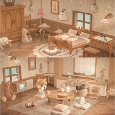 there are two pictures of a bedroom with teddy bears and other things in the room