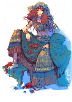 a drawing of a woman with long red hair wearing a blue dress sitting on a chair