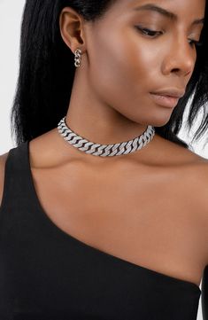 Pavé cubic zirconia bring glamorous sparkle to a curb-chain choker necklace finished in gleaming rhodium plate. 12 1/2" length; 3" extender Lobster clasp closure White rhodium plate/cubic zirconia Imported Chain Choker Necklace, Chain Choker, Curb Chain, Rhodium Plated, Lobster Clasp, Nordstrom Rack, Choker, Cubic Zirconia, Choker Necklace