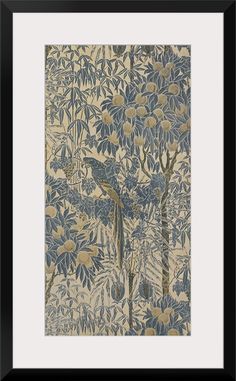 a painting with blue flowers and birds on it, in a black framed wood frame