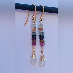 Handmade Item Usa Gorgeous Tourmaline And Moon Stone Create These Beautiful Drop Earrings . Such Beautiful C Colors In This Tourmaline. Lightweight Lead And Nickel Free . Made With High Quality Stones And Findings . Make A Great Gift . Great Addition To Any Collection. Bring The Beautiful Natural Stones To Your Collection. 1.25 Inch Drop Gem Stones Earrings, Natural Stone Jewelry Earrings, Delicate Handmade Earrings, Making Drop Earrings, Drop Bead Earrings, Home Made Earrings Beads, Gemstone Beaded Earrings, Wire Wrapped Bead Earrings, Gemstone Earring Ideas