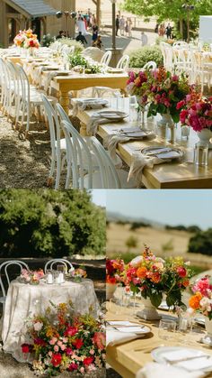 the tables and chairs are set up for an outdoor wedding reception with flowers in vases