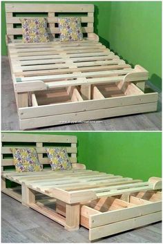 the bed frame is made out of wood