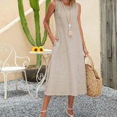 New With Tags, Size Medium Casual Beige Sleeveless Summer Dress, Casual Sleeveless Beige Dress For Summer, Spring Sleeveless Shift Maxi Dress, Casual Sleeveless Shift Maxi Dress, Sleeveless Shift Maxi Dress For Spring, Casual Beige Sleeveless Dress For Spring, Casual Beige Sleeveless Dress For Day Out, Casual Beige Sleeveless Beach Dress, Casual Beige Sleeveless Dress For Beach