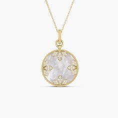 The Roberto Coin Medallion Charm Necklace showcases a radiant Mother of Pearl charm framed in elegant gold, a timeless and versatile piece exuding sophistication. Large Necklace, Gold Medallion, Coin Collection, Mother Of Pearl Necklace, Roberto Coin, Gold Diamond Necklace, Medallion Necklace, Diamond Charm, Pearl Charms