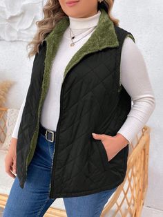 Plus Size Women's Solid Color Zipper Front Pockets Casual Loose Padded Vest, Winter Army Green Casual  Sleeveless Woven Fabric Colorblock,Plain vest Non-Stretch  Women Plus Clothing, size features are:Bust: ,Length: ,Sleeve Length: Plain Vest, Chaleco Casual, Plus Size Winter, Slim Fit Top, Couple Matching, Elegant Dresses Long, Black Party, Boho Women, Wide Leg Jeans