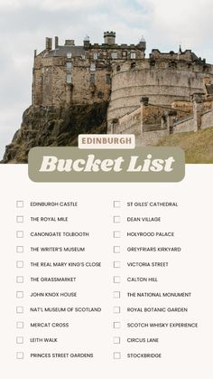 the edinburgh bucket list is shown in front of a castle