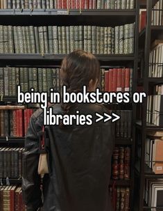 a person standing in front of a bookshelf with the words being in bookstores on it