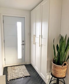 a plant in a basket sitting on top of a stool next to a white door