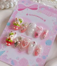 Nail Inspo With Charms, Nail Art Character, Pink Pngs, Corset Nails, Korean Nail Art, Cute Simple Nails, Cherry Nails, Ombre Acrylic Nails