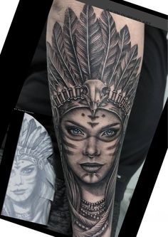 a woman with feathers on her head and blue eyes is shown in this tattoo design