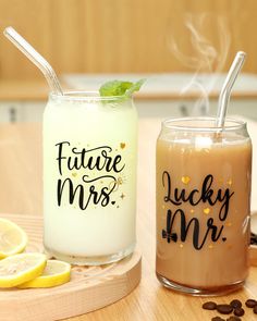 PRICES MAY VARY. 💒 Lucky Mr. & Future Mrs. Engagement Glass Set - Package includes 2 Mr. & Mrs. themed beer can glasses, 2 glass bend straws, and 1 straw brush. It is a gorgeous proposal, engagement, or wedding planning gift for soon-to-be-married couples. 🥂 Quality Glass - Designs are applied on one side of the glass using a high-quality permanent gloss black and glitter gold vinyl that the perfect color combination greatly adds to the overall aesthetic and stylish. Hand washes to ensure the Bridal Shower Cricut Ideas Gift, Engagement Cups, Engagement Gift For Groom, Engagement Wine Glasses, Engagement Glasses, Beer Can Glasses, Cocktail Juice, Diy Wine Glasses, Hand Hold