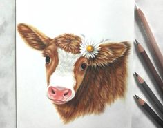 a drawing of a cow with a flower on its head and four pencils next to it