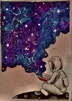 an astronaut reading a book while sitting on a rock under the stars in the sky