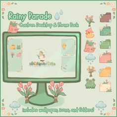 a computer screen with various items on it and the words rain parade written in green