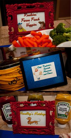 there are pictures of carrots, broccoli and other foods on the table