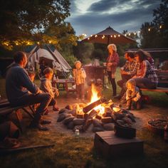 a group of people sitting around a fire pit