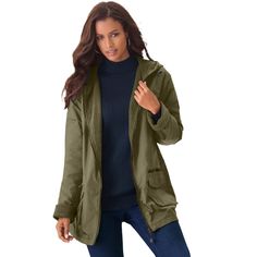 Step out in style and comfort with the Roaman's Women's Plus Size Hooded Jacket, a must-have for those unpredictable weather days. This jacket combines functionality with fashion in a flattering design tailored for plus-size figures.

- Size: 6X
- Color: Green Khaki
- Material: Water-repellent fabric with fleece lining
- Gender: Female
- Age Group: Adult
- Features: Front zipper, cuffed sleeves, hood, zip and flap pockets

Designed to shield you from the wind while keeping you snug with its cozy Water Control, Fleece Jacket Womens, Rain Jacket Women, Plus Size Outerwear, Rain Coat, Green Coat, Swimsuits For All, Current Fashion Trends, Womens Fleece