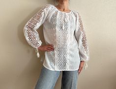 White Blouse Broderie Lace Women Blouse Vintage Blouse Long Sleeve Lace Trim Top  Shown on model S Measurements (lying flat): Length: 28"/ 71 cm Pit to pit: 20 3/4"/ 53 cm Sleeve(from the neck line): 26.5"/ 67 cm Condition: Great Vintage Condition N.B. Color may slightly differ from picture Please check measurements to insure a proper fit. Remember to allow yourself some extra room for movement. You can compare these with something from your closet that fits you well. Please convo me if you need Lace Trim Top, Blouse Long Sleeve, Women Blouse, Vintage Blouse, Trim Top, Extra Room, Blouse Vintage, White Blouse, Long Sleeve Lace