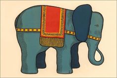 an elephant painted in blue and red with gold accents on it's back side