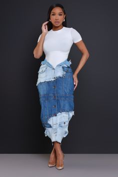 Bodycon Maxi Skirt, Denim Diy Clothes, Patchwork Denim Skirt, Jeans Street Style, Unique Jackets, Boutique Style Outfits, Maxi Skirt Outfits, Denim Skirt Women, Denim Maxi