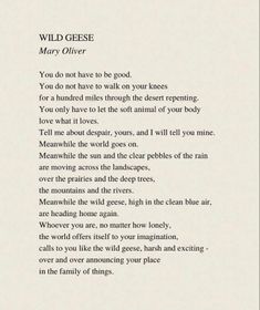 a poem written in black and white on paper with the words wild geese, mary otter