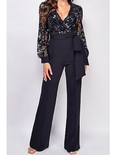 Combinaison Femme Maille Taille haute Couleur unie Col V Elégant Soirée du quotidien Ample Mince manche longue Noir S Automne de 2023 ? € 28.99 Dressy Jumpsuits Evening Wear, Como Fazer Short, Black Sequin Jumpsuit, Classy Jumpsuit, Cheap Jumpsuits, Sequin Jumpsuit, Jumpsuit Dressy, Jumpsuit Elegant, Lace Jumpsuit