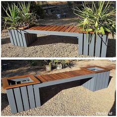 two pictures of a bench made out of wood and metal with plants in the background