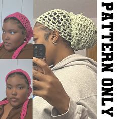 a woman taking a selfie with her cell phone and wearing a crochet hat