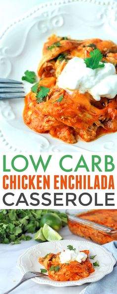 low carb chicken enchilada casserole with sour cream on top