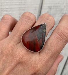 Teardrop Red Gray Bloodstone Unique Chunky Sterling Silver Statement Ring | March Birthstone Ring | Edgy Goth Boho | Bloodstone Ring by GildedBug on Etsy Bloodstone Ring, March Birthstone Ring, Statement Ring Silver, March Birthstone, Unique Handmade Jewelry, March Birth Stone, Birthstone Ring, Silver Wire, Healing Stones