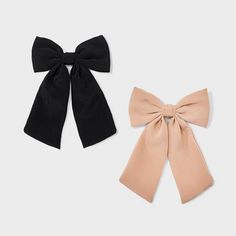 This 2-Piece Hair Bow Barrette Set from A New Day™ in solid black and beige colors makes a versatile pick to accessorize your favorite outfits. Made from crinkled-textured fabric, it includes two hair clips featuring knotted bows with long tails for fashionable appeal. The back metal clip provides a strong hold to neatly style your hair, and the clips are suitable for all hair types. A New Day™: Style that goes wherever you do. Tulle Hair Bows, Bow Barrette, Hair Bow Sets, Black And Beige, Lace Bows, Bow Set, Diy Hair Bows, Diy Hair, All Hair Types