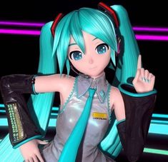 a girl with blue hair and headphones is holding her hand up in the air