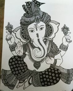 a drawing of an elephant god in black and white