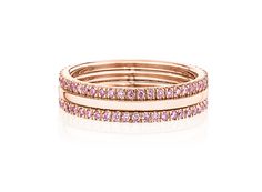 This classic 18K rose gold stacking ring set epitomizes the glamor of the roaring 20s, consisting of one simple, timeless classic band and two pavé natural pink diamond rings. While understated singularly, adding them to other rings from our Brilliance Quadrant Signature Stacking Collection creates numerous individual looks. Metal: Solid 18K rose gold. Diamonds: Natural Fancy Pink SI1~SI2, approximately 0.25cttw. (measurement taken from size 6 1/2) Width: Approximately 4.7mm altogether and 1.5mm Luxury Pink Sapphire Rings With Single Cut Diamonds, Luxury Pink Gold Ring With Pink Sapphire, Elegant Pink Sapphire Stackable Ring, Elegant Pink Stackable Rings In 14k Gold, Pink Gold Stackable Rings In Fine Jewelry Style, Rose Gold Stackable Rings With Brilliant Cut, Pink Gold Stackable Rings Fine Jewelry, Elegant Pink 14k Gold Stackable Rings, Pink Gold Stackable Fine Jewelry Rings