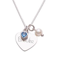 Personalized birthstone necklace and includes FREE engraving on front of heart pendant with her name or special sentiment, accented with a CZ heart representing the birthstone, and a freshwater pearl charm. This necklace is a special personalized gift that will make her feel so special with her name and birthstone, it's all about her! This comes on a quality sterling silver Italian chain with lobster clasp in 14 inch (for children up to 10 years) and 18 inch (for teens and adults). This piece ha Silver Birthday Name Necklace With Heart Charm, Birthday Silver Name Necklace With Heart Charm, Sterling Silver Heart Birthstone Necklace For Birthday, Silver Birthstone Necklace With Heart Charm, Personalized Heart Cut Necklace For Keepsake, Sterling Silver Heart-shaped Birthstone Necklace, Heart-shaped Sterling Silver May Birthstone Necklace, Heart Shaped Name Necklace For Keepsake, Birthday Gift Birthstone Heart Pendant Charm Necklace