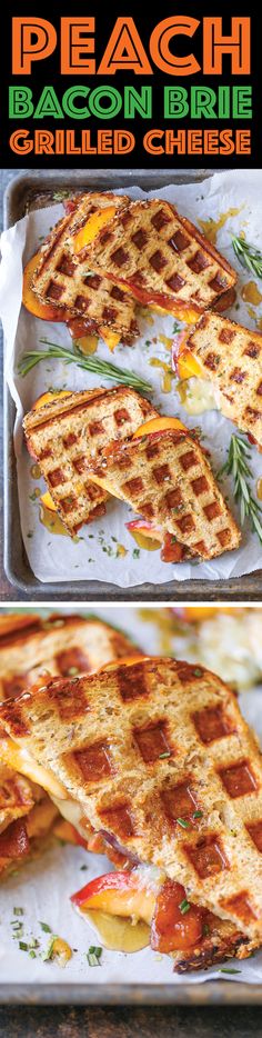 grilled cheese and pepperoni waffles on a pan with the title peach bacon barbecue grilled cheese