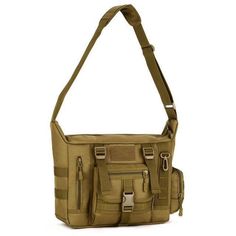 Gender:  Men  
  Material:  Nylon  
  Backpacks Type:  Softback  
  Function:  Outdoors tactical Nylon shoulder sling bag Crossbody  
  Color:  Black, Khaki, ACU Digital, CP camouflage  
  Size:  24 cmX35 cmX 11-14 cm(HXLXW)      Design: Six functional pockets in different sizes to fully meet your basic outdoor needs. The zippered main pocket can carry 14" laptop, iPad4, a couple of medium sized books. Two zippered pockets on front can be used to hold cellphone, wallet, credit card. The open pocket on front can be used to hold tissue, cigarette case. The side pocket can be easliy reach to stash something like multi-tool, Swiss Army Knife. The back pocket can provide extra protection to your tablet PC and writing pad. 
Dimensions: Whole Pack: 13.7"W * 9.4"H * 5.5"D (35cm * 24cm * 14cm). Military Style Nylon Bags For Everyday Use, Military Style Satchel For Outdoor, Military Style Satchel Bag For Outdoor, Military Style Outdoor Satchel Bag, Military Style Durable Bag For Everyday Use, Outdoor Military Satchel Bag, Durable Military Style Bag For Everyday Use, Tactical Everyday Carry Bags With Pockets, Military Style Khaki Rectangular Shoulder Bag