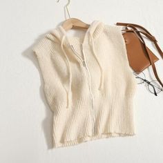 Loose Knitted Hooded Zipper Sweater Vest For Women Beige One Size Beige Knit Hoodie For Fall, Warm Knit Casual Hoodie, White Knit Hoodie For Winter, White Knitted Hoodie For Fall, Beige Hooded Sweater For Cold Weather, Hooded Beige Sweater For Cold Weather, White Knit Hoodie For Spring, Cozy Knit Hoodie For Spring, Cozy Knitted Hoodie For Spring