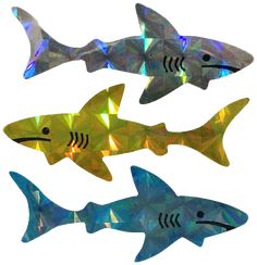 three different types of sharks are shown in the shape of mosaic tiles, and one is yellow