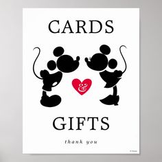 two mickey mouses holding each other's hands with the words cards and gifts on it