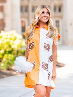 Score a stylish touchdown with our Football Sequins Embroidery Shirt Dress. This color block dress features a front button down, collared neckline, and short sleeves for a playful and sporty look. Perfect for any casual occasion (or when you want to dress up for the big game). Trucker Hat Fashion, Gameday Dress, Embroidery Shirt, Color Block Dress, Block Dress, Shirt Embroidery, Outerwear Vest, Sequins Embroidery, Cardigan Vest