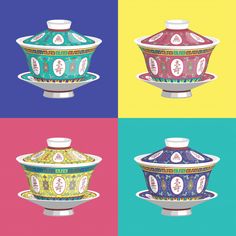 four different colored bowls with designs on them