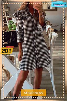 Houndstooth Print Fungus Edge Dress Casual Gingham Plaid Long Sleeve Dress, Casual Long Sleeve Plaid Dress In Gingham Pattern, Casual Long Sleeve Gingham Plaid Dress, Casual Houndstooth Dress For Fall, Long Sleeve Houndstooth Pattern Spring Dress, Long Sleeve Houndstooth Dress For Spring, Casual Gingham Long Sleeve Dress, Casual Long Sleeve Gingham Dress, Collared Gingham Dresses