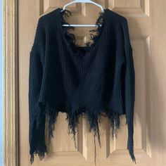 Never Worn (Was Too Big). Distressed Around Bottom Of Sweater And Sleeves. Oversized Off The Shoulder Fit. Size Medium But Fits As An L/Xl. Perfect For A Chilly Day. Distressed Outfit, Ripped Sweater, Cute Flirty, Distressed Sweater, Night Off, Distressed Sweaters, Ruffle Sweater, Black Ruffle, Colorful Sweaters