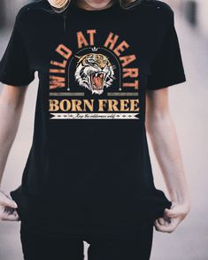 Wild at heart vintage inspired graphic t-shirt featuring words "Born free" with a distressed tiger graphic. #graphictee #vintage #tiger Streetwear Graphic Tee With Heart Graphic, Heart Graphic Crew Neck T-shirt, Graphics Tee, Vintage Tiger, Tiger Graphic, Heart Vintage, Born Free, Heart Tee, Wild At Heart