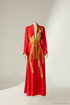 Our stunning Fenghuang red and gold ao dai overcoat boasts traditional red and gold accents and a bold custom embroidered phoenix design. Red and gold go together majestically, for a classic, timeless aesthetic. Feel radiant and striking in this Phoenix overcoat, and make a grand entrance on your big day. Traditional Vietnamese Ao Dai overcoat Custom embroidery Phoenix Bell sleeves Front closure Made to your own measurements Gold Ao Dai, Fashion Career Aesthetic, Red Ao Dai, Vietnamese Traditional Clothing, Career Aesthetic, Vietnamese Ao Dai, Embroidery Kimono, Asian Clothing, Phoenix Design