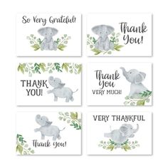 four thank cards with elephants and leaves on them