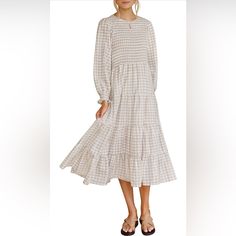 Nwt Color: Beige Product Details Fabric Type One Hundred Percent Rayon Care Instructions Machine Wash Origin Imported Closure Type Pull On About This Item Size Guide: S=Us 4-6, M=Us 8-10, L=Us 12-14, Xl=Us 16-18. Fitted At The Torso, But Flowy At The Skirt, This Babydoll Dress Will Makes A High Impact Whenever You Wear It. The Fit-And-Swing Maxi Features An Eye-Turning Gingham Print, Breezy Flounces Sleeves With Elasticized Cuffs, A Stretchy Shirred Bodice And A Ruffled Tiered Maxi Skirt. Breezy Casual Midi-length Prairie Dress For Daywear, Casual Midi Prairie Dress For Daywear, Spring Casual Long Sleeve Prairie Dress, Casual Long Sleeve Prairie Dress For Daywear, Casual Billowy Smock Midi Dress, Casual Midi Length Peasant Dress For Daywear, Casual Midi Peasant Dress For Daywear, White Billowy Casual Midi Dress, Casual White Billowy Midi Dress